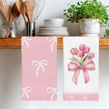 2 件粉色蝴蝶结和郁金香图案厨房毛巾，柔软涤纶材质洗碗布，适用于厨房装饰、清洁、节日派对装饰、厨房和浴室必需品、家居装饰、乔迁礼物