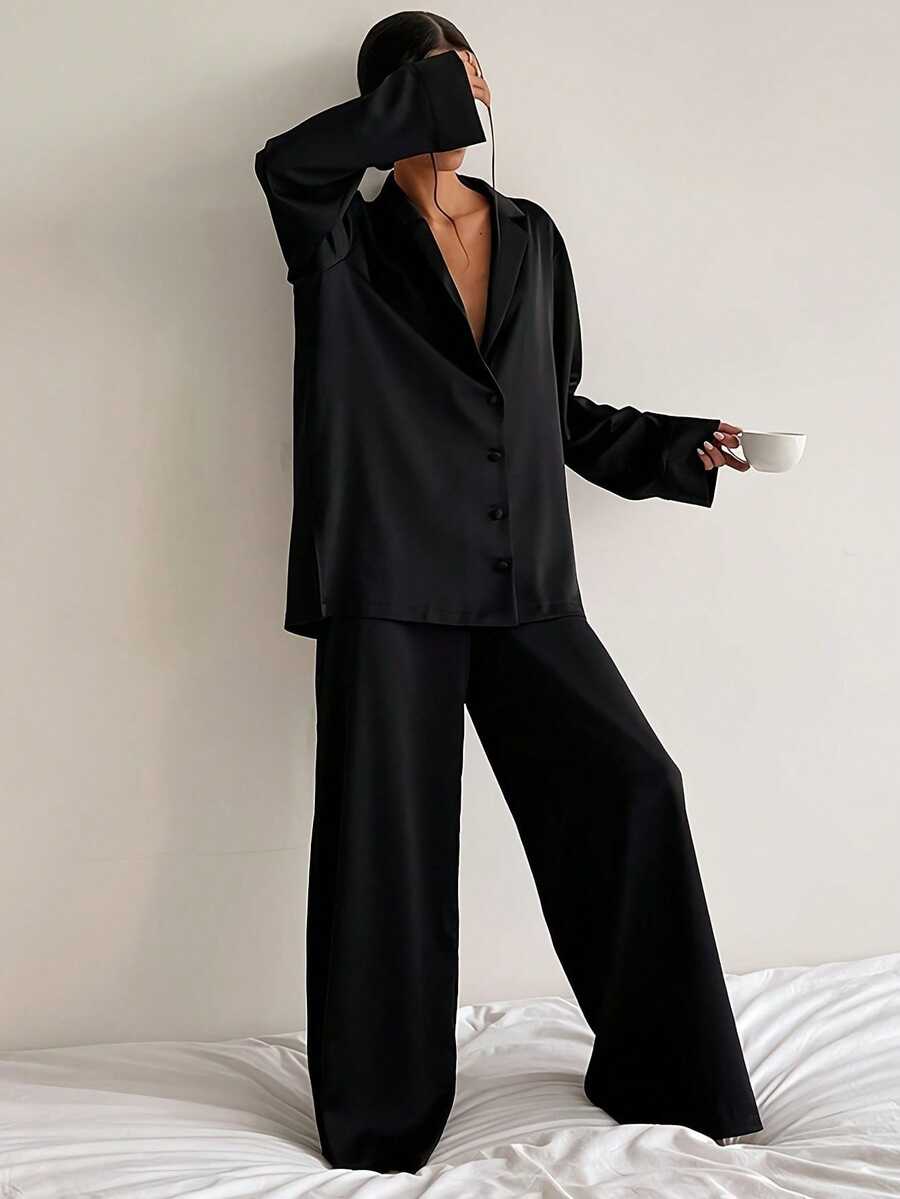 2-Piece Women's Suit-Style Pajama Set: Satin Long-Sleeved Pants, Deep V-Neck Pajama Set - Stylish And Elegant - Black - View 1