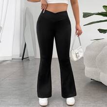 Pantalón Acampanado Negro de Talla Grande para Mujer, Con Cinturilla Cruzada, Casual, Elegante Y Elástico - Negro - Ver 1