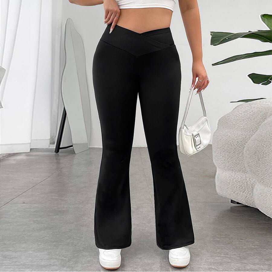 Pantalón Acampanado Negro de Talla Grande para Mujer, Con Cinturilla Cruzada, Casual, Elegante Y Elástico - Negro - Ver 1