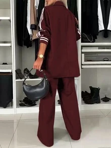 时尚优雅女士撞色袖口罗纹下摆拼接带办公休闲套装，适合通勤、商务及日常休闲穿着，春季必备。 - 酒紅色 - 查看 3