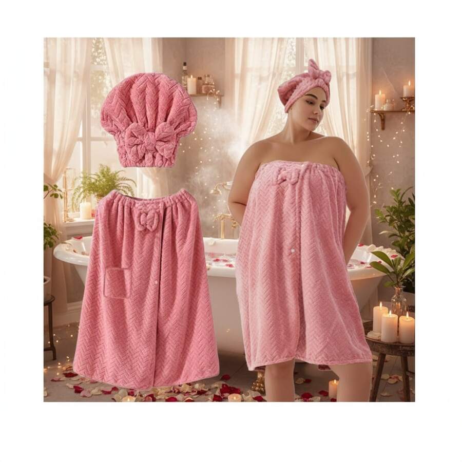Oversize Women's Bath Towel Wrap (XXL-XXXXL) - Spa Bathrobe Style Set With Hair Towel |   Adjustable, Comfortable & Quick-Drying - 粉紅色-82.68x31.5 - 查看 1