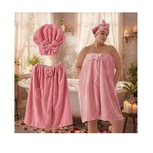 Oversize Women's Bath Towel Wrap (XXL-XXXXL) - Spa Bathrobe Style Set With Hair Towel |   Adjustable, Comfortable & Quick-Drying - 粉紅色-82.68x31.5 - 查看 9