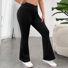 Pantalón Acampanado Negro de Talla Grande para Mujer, Con Cinturilla Cruzada, Casual, Elegante Y Elástico - Negro - Ver 3
