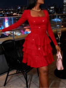 Women's Spring Bodycon Mini Dress Square Neck Ruched Waist Tiered Ruffle Long Sleeve Corset Short Party Dresses For Valentine's Concert Beach, Graduation Festival Club & Easter Outfits - 紅色 - 查看 2