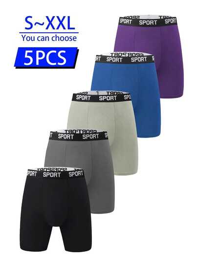 5pcs Men'S Boxer Briefs, Long, Comfortable, Breathable, High Elasticity Flat Cornered Underwear, Moisture-Wicking Quick-Dry Shorts, Uitable For Everyone'S Daily Leisure Wear And Motion Exercise