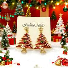 1 Pair Random Color Rhinestone Christmas Tree Stud Earrings, Luxury Sparkling Star Design Earrings For Women, Suitable For Party, Holiday, Elegant Christmas Gift