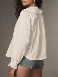 Women Y2k Peter Pan Collar Shirts Ruffle Puff Long Sleeve Button Down Babydoll Blouse Lapel Going Out Tops Fall - 白色 - 查看 2