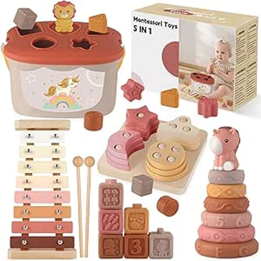 Montessori Sensory Toys, 5 In 1 Montessori Baby Toys Set For 1+ Year With Stacking Building Blocks, Xylophon, Sorting Stacking Toys, Learning Educational Toy For 1 Year Birthday - 彩色 - 查看 1