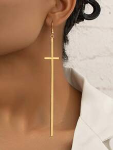 1pc Extra Long Stainless Steel Women's Earrings, Tassel Dangle Earrings, Punk Style, Gold Rectangular Shape With Tassel Detail To Flatter Face Shape, Suitable For Daily Wear, Parties, Music Festivals, Autumn/Winter Outfits - Earrings - View 1