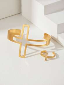 2pcs/Set Stainless Steel Men's Jewelry Set, Hollow Cross Adjustable Bracelet & Ring, Punk Style Suitable For Music Festivals - Bracelet + Ring - View 2