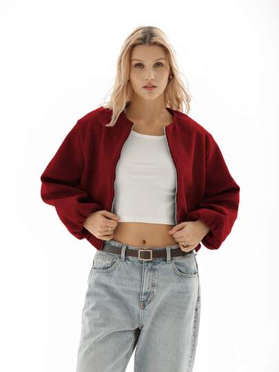 HZXVIC 女士纯色罗纹拉链口袋休闲柔软飞行员夹克，秋季款