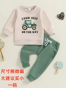 新生男童农用拖拉机印花长袖运动衫和裤子 2 件套服装，秋冬