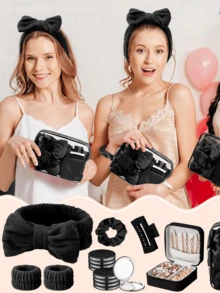 48 Pcs Black Spa Party Favors For Women Pink Beige Sleepover Set Headband Wristband Scrunchies Hair Clip Jewelry Case Makeup Bag Bridesmaid Gifts - 黑色 - 查看 4