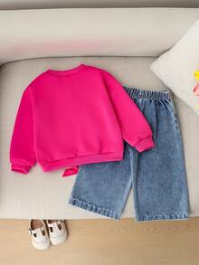 2 piezas Conjunto informal para niñas con top sólido fucsia y pantalones con decoración de lazo 3D, adecuado para uso diario - Rosa - Ver 2