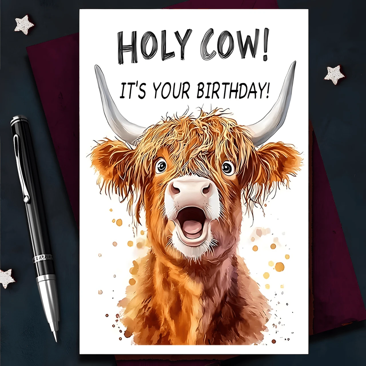 1张趣味高地牛生日贺卡 - “我的天哪！今天是你的生日！”动物图案设计，送给家人、朋友、同事或爱牛人士的完美礼物 - 彩色 - 查看 1