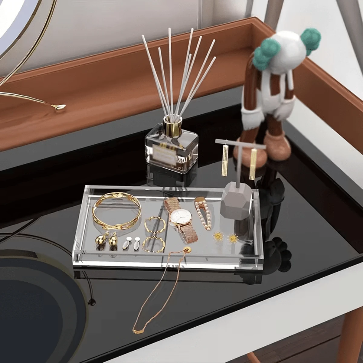 一套亚克力梳妆托盘，浴室收纳架，台面收纳架，可放置化妆品、珠宝、香水，轻巧奢华的梳妆收纳架 - 無色 - 查看 1