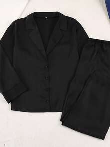 2-Piece Women's Suit-Style Pajama Set: Satin Long-Sleeved Pants, Deep V-Neck Pajama Set - Stylish And Elegant - Black - View 4