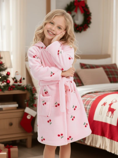 1件女童粉色樱桃图案浴袍，可爱儿童睡衣，男女通用浴袍，生日礼物，节日派对，圣诞节