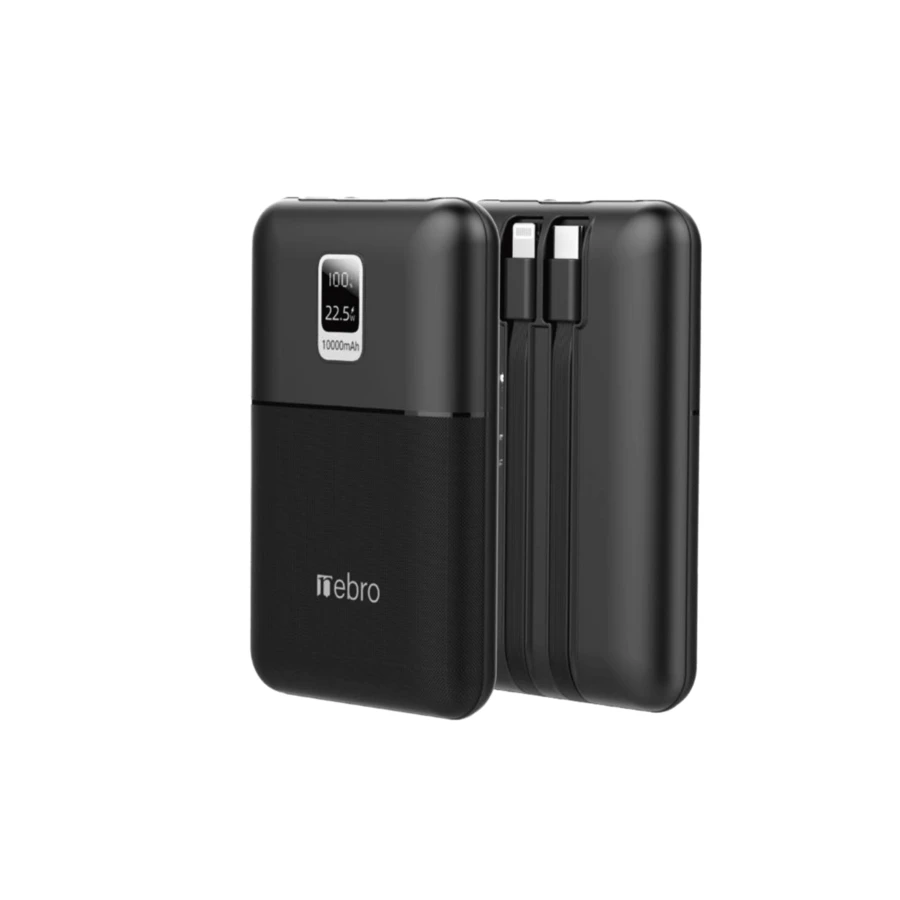 Power Bank WB-070 | Carga Rápida PD 22.5W | 10000mAh | Dual USB-C + Built-in Cable | Portable Slim Design - Negro - Ver 1