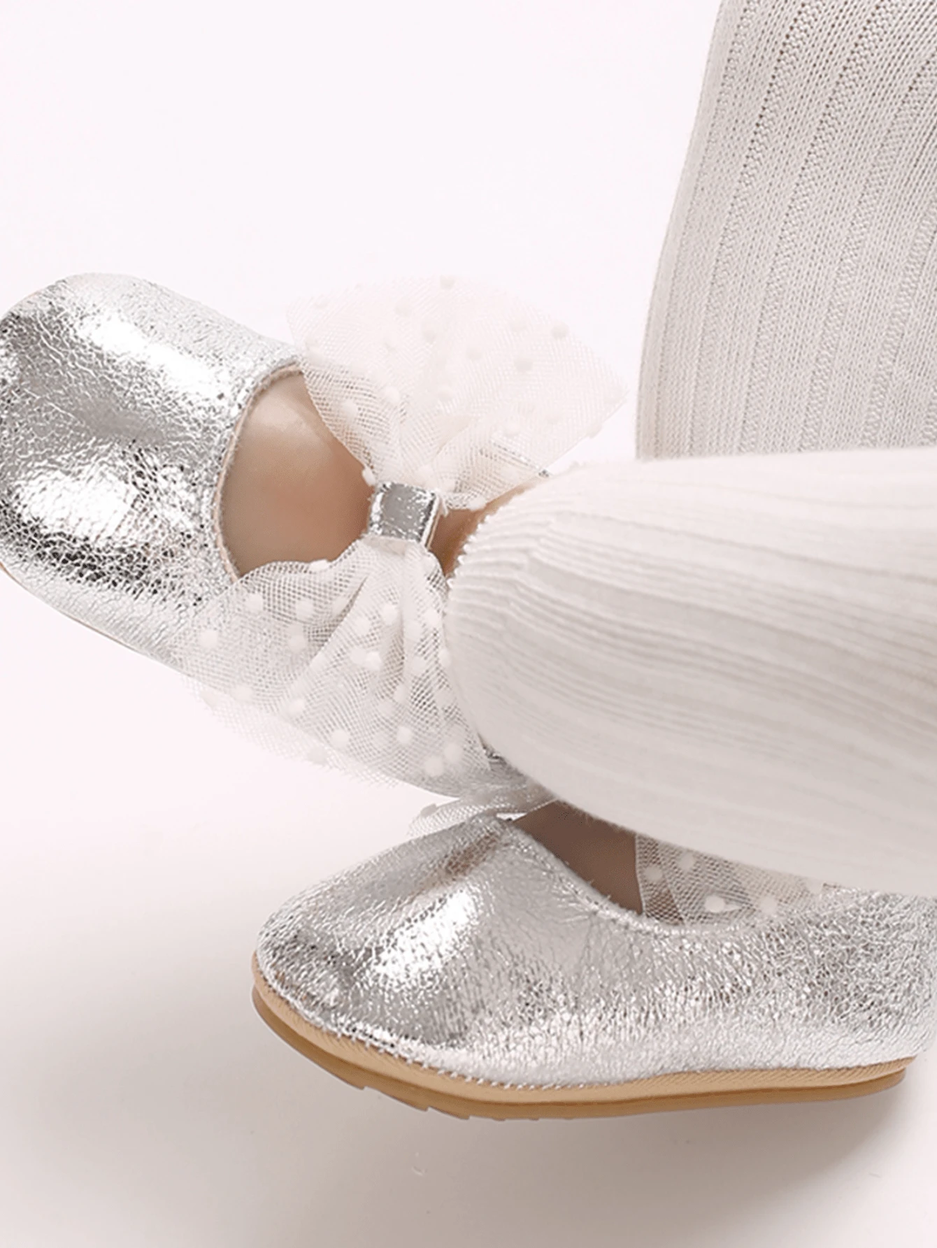 Baby Girl PU Dress Flats Soft Soles Dot Print Mesh Bow Mary Jane Shoes Casual Walking Shoes For Newborn Toddler - Bạc - Xem 1
