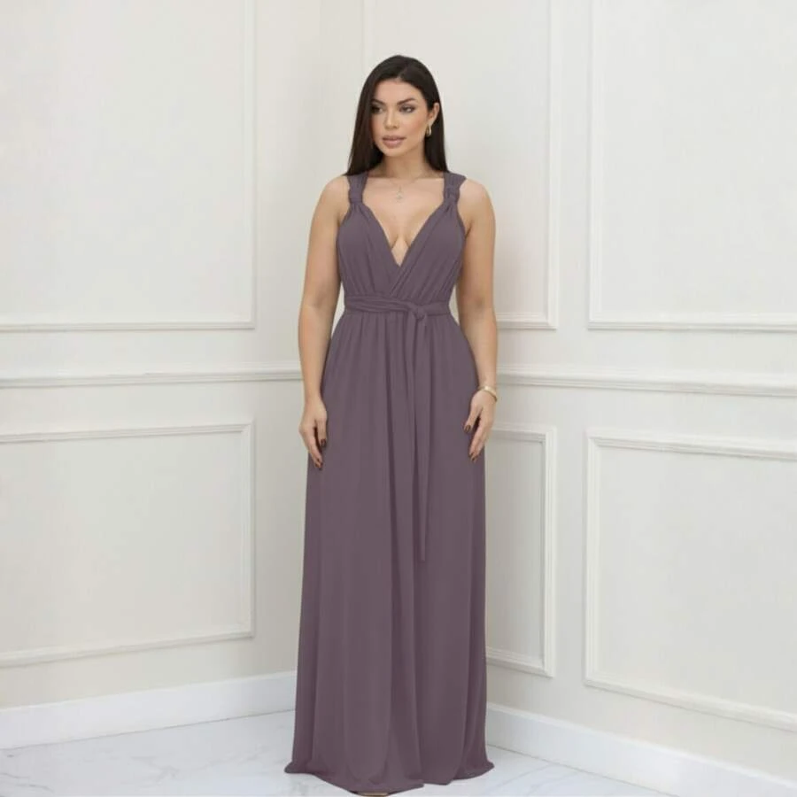 Women's Long Dress - Multiple Ways To Wear - Tie Detail - Infinity Style - Perfect For Parties, Graduations, Weddings, Christenings - Grape - View 1