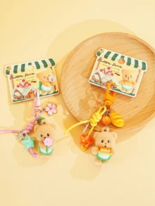 Butter Bear Pink Flowers & Green Stars Keychain, Soft Tan Plush Texture, Bear Holding Pink Flowers, Adorned with Green Stars, Exquisite Craftsmanship & Delicate Embellishments, Sweet Cute Vibe, Versatile Bag Charm & Key Accessory, Ideal for Cartoon Fans & Teensift, Perfris & Slends Girthday,