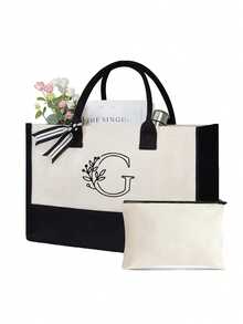 2pcs/Set Canvas Tote Bags, Printed With 26 Black Letters, Customizable, Suitable As Gift Bags For Weddings, Birthdays, Beaches, Vacations, Backpacks, And More, Great Gifts For Women, Moms, Teachers, Friends, Bridesmaids, Students. Large Capacity Tote Bags, Simple & Spacious, Portable Casual Storage Bags, Multi-Purpose Shopping Bags. - Multicolor - View 14