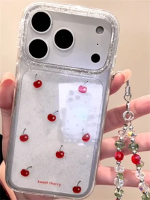 奢华Y2K创意可爱樱桃亮片透明手机壳，适用于 17 Pro Max、17 Pro、17、16 Pro Max、16 Pro、16、15 Pro Max、15 Pro、14 Pro Max、14 Pro、13、12 Pro Max、11、16、15、14 Plus，配有时尚闪亮腕带，防摔透明保护套。 - 無色 - 查看 3