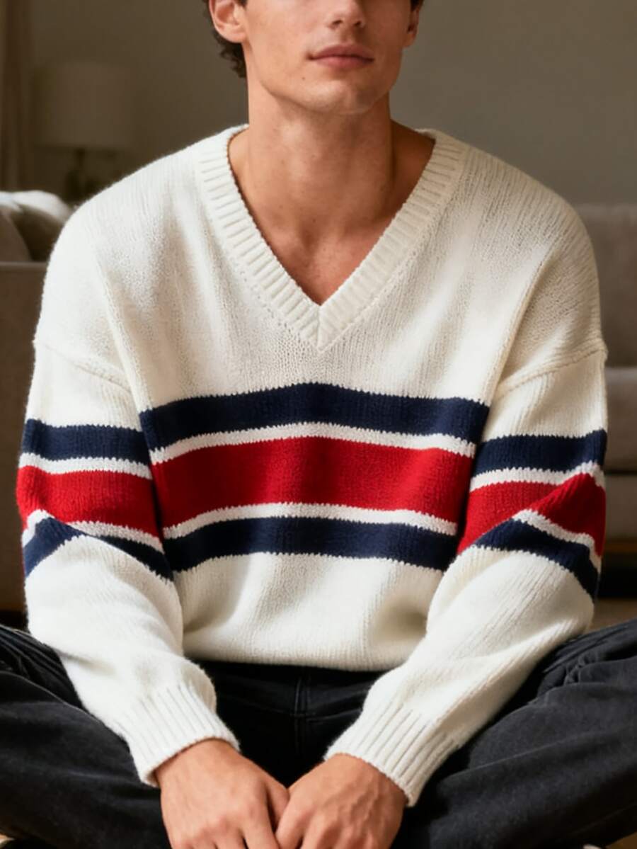 Áo len dệt kim cổ chữ V thời trang nam - Áo chui đầu dài tay kẻ sọc phong cách retro, dáng rộng, mặc thường ngày - trắng - Xem 1