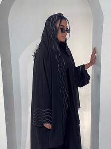 Hafizah 2pcs Women Gray Striped Embroidered Cardigan With Hooded Robe Dress Set Black Spring - Black - View 2