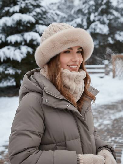 Women's Winter Knitted Hat, Faux Fur Trimmed Brimless Hat With Pom-Pom, 2-In-1 Warm Headwear, Stylish And Comfortable Outdoor Gear | Women's Fun Hats, Women's Hat Sets, Women's Bucket Hats, Women's Berets, Women's Baseball Caps, Women's Headband Hats And Headscarves, Women's Knitted Hats, Women's Winter Hats, Crochet Hats, Women's Brimless Hats, Brown Hats