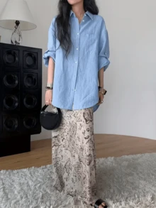 Women Blue Woven Fabric Long Sleeve Shirt With Collar Button Details And Regular Hem For Everyday Wear - Blue - View 4