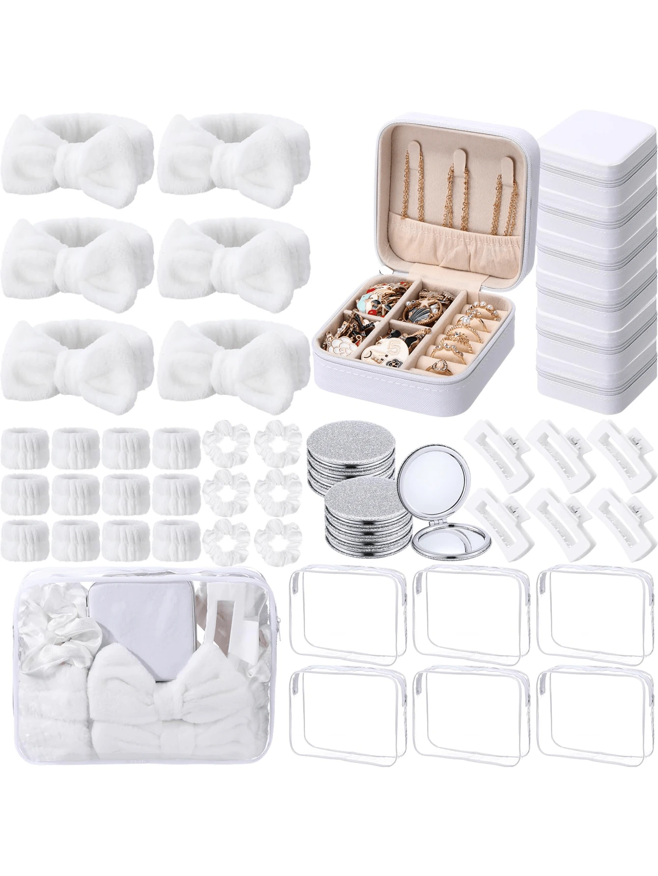 48 Pcs White Spa Party Favors For Women Pink Beige Sleepover Set Headband Wristband Scrunchies Hair Clip Jewelry Case Makeup Bag Bridesmaid Gifts - trắng - Xem 1