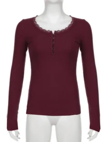 Women Long Sleeve Button Up Lace Patchwork Henley Crop Tshirt Y2K Aesthetic Scoop Neck Fit Shirt Top - Màu Đỏ Sâu - Xem 4