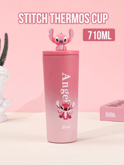 Stitch Pink Gradient Straw Tumbler 710mL, Front White ""Angel"" & Stitch Cartoon Print, Top Stereo Stitch Figurine Decor, 316 Stainless Steel, Silver-Metal Rim, Includes Leak-Resistant Straw & Black-Slip Steel, Silver-Metal Rim, Includes Leak-Resistant Straw & Black Anti-Slip Base, Height Keeps Drinks Cold for Hours, Perfect for Teens Daily Use Parties Outdoors, Lovely Gift for Friends/Lovers and  Stitch Fans