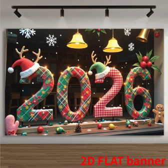 2D Flat 2026 New Year's Happy & Christmas Banner - Large Numbers, Green Snowflakes & Bell Garlands, Bilingual Blessings (English And Chinese) - Durable Outdoor Decoration, Suitable For Parties, Photo Backgrounds, Winter Themes - Easy To Install