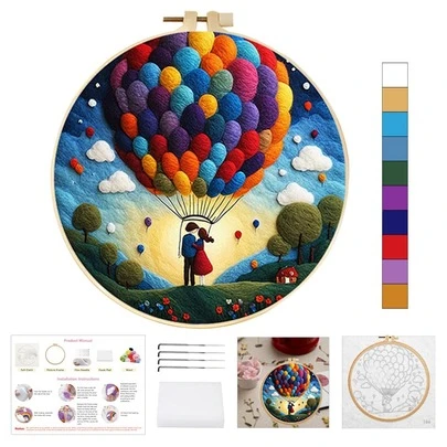 1 Set DIY Needle Felting Kit For Beginners - Romantic Couple Balloon Design, Complete Wool Craft Set With Tools & Frame, 7.87x7.87 Inches - Creative Home Decor Gift