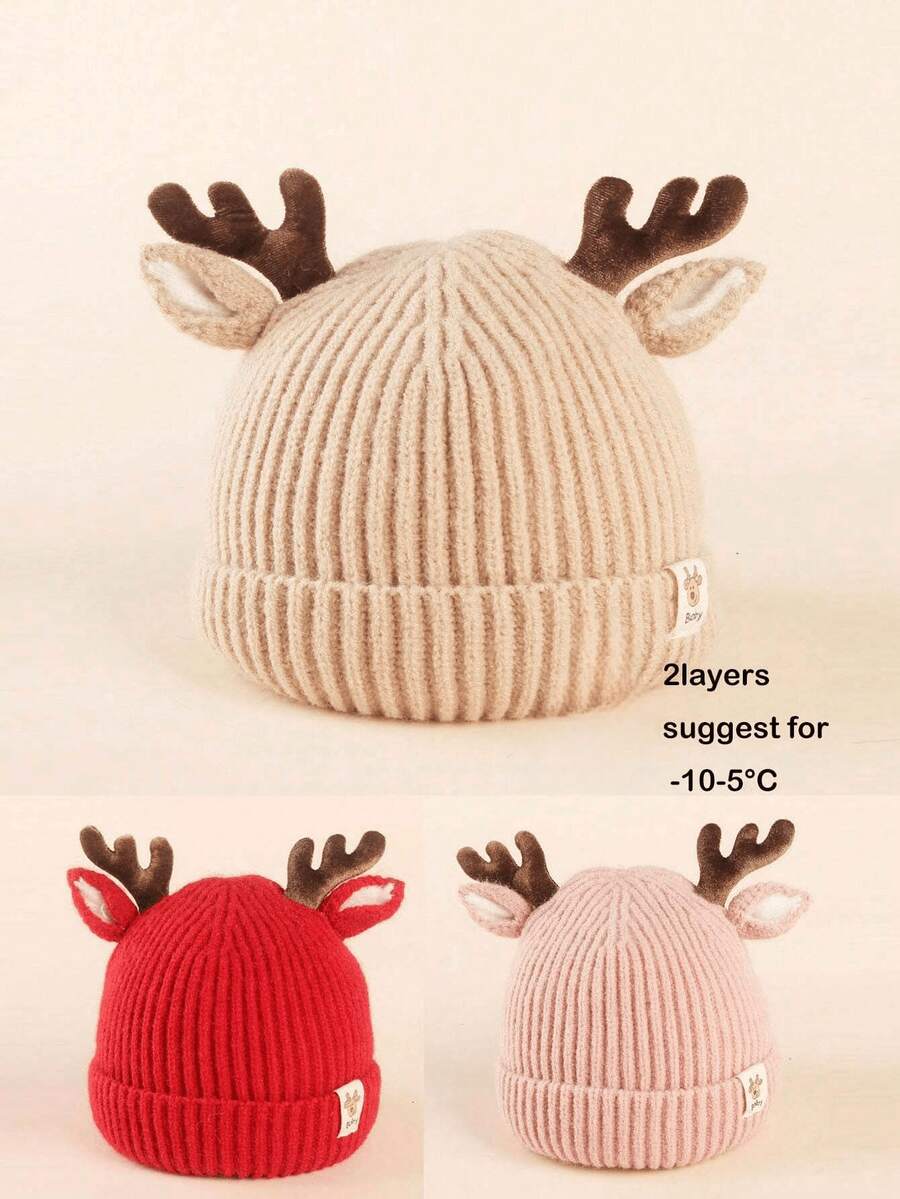 قبعة بيني سميكة مزدوجة الطبقة بقرون الغزلان الحمراء للأطفال من عمر 0-3 سنوات، دافئة، صديقة للبشرة، قابلة للتنفس، هدية عيد الميلاد ورأس السنة