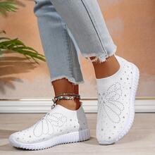 Women's Knit Comfortable Slip-On Casual Sneakers With Rhinestone Decor, EVA Non-Slip Soft Sole, Solid Color, Suitable For Sports And Daily Wear - White - View 2