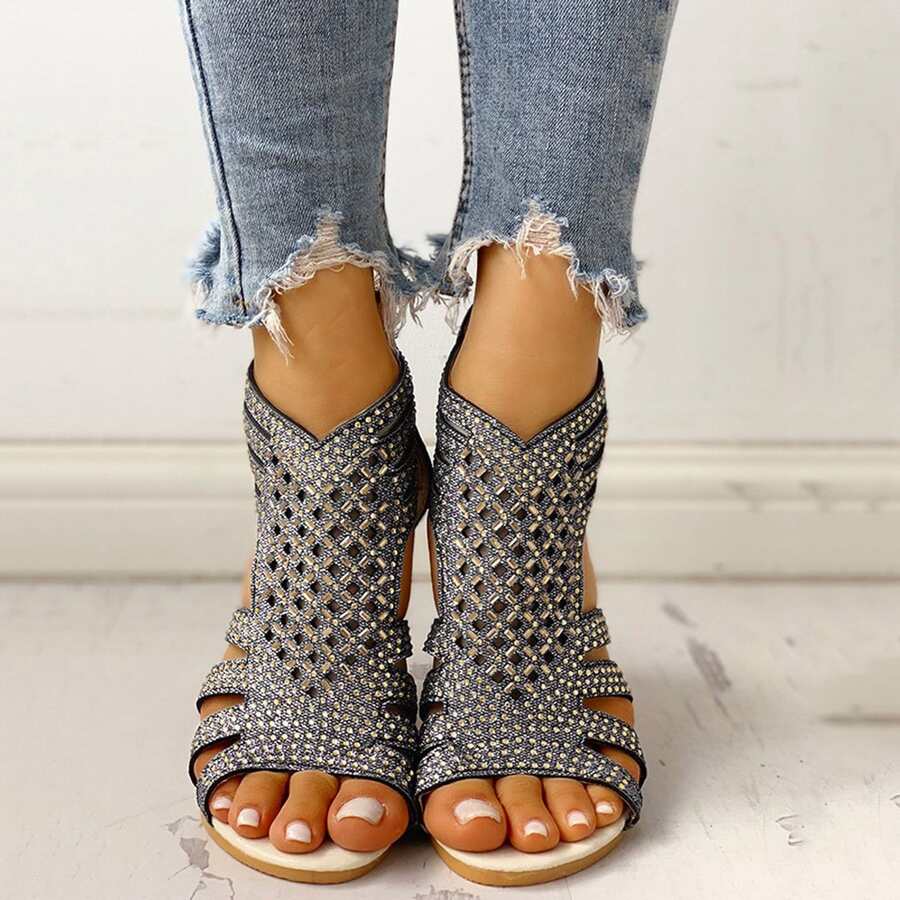 New Summer Fashion Studded Openwork Platform Roman Sandals, Outdoor Beach Sandals, Breathable Synthetic Leather Fabric And Lining, Zip Closure, Non-Slip Rubber Sole. - màu đen - Xem 1