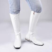 Women Knee High Boots Comfy Flat Heel Vintage Square Toe Fall Winter Solid Side Zipper Boots - trắng - Xem 5