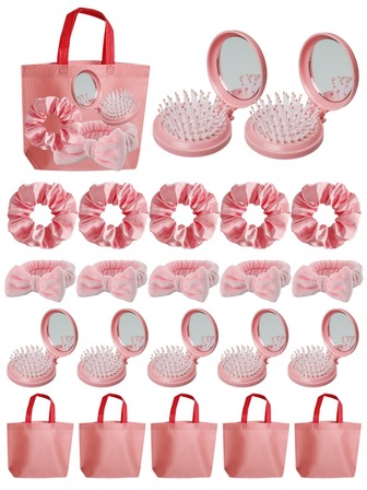 32/20/16/4pcs Pajama Party Gift Pink Cushion Comb And Mirror Set, Wedding Guest Favor Set, Bath Party Gift, Satin Hair Tie, Flip-Top Cushion Comb, Plush Bow Headband, And Pink Tote Gift Bag, Pajama Party Gift, Holiday Party Gift Set, Birthday Gift, Group Party, Bachelor/Bachelor/Bachelor/Bride, Bridesmaid Gift, Bridal Shower, Baby Shower, And Holiday-Themed Events