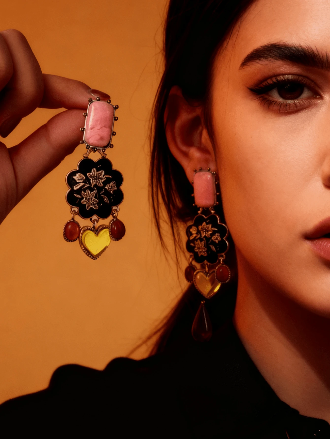 ZAA 复古花卉心形树脂宝石吊坠耳环，女士长方形吊坠耳环，日常佩戴 - 黃色愛心花朵 - 查看 1