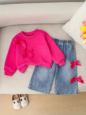 2pcs Girls Casual Solid Fuchsia Top With 3D Bow Decor Pants, Suitable For Daily Wear