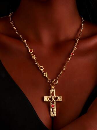 1件14K金复古十字架项链，男女皆宜，双镂空心形设计，红色心形立方氧化锆，镂空花朵链项链，时尚珠宝礼物，适合宗教信仰节日/母亲节/周年纪念日/情人节/圣诞节