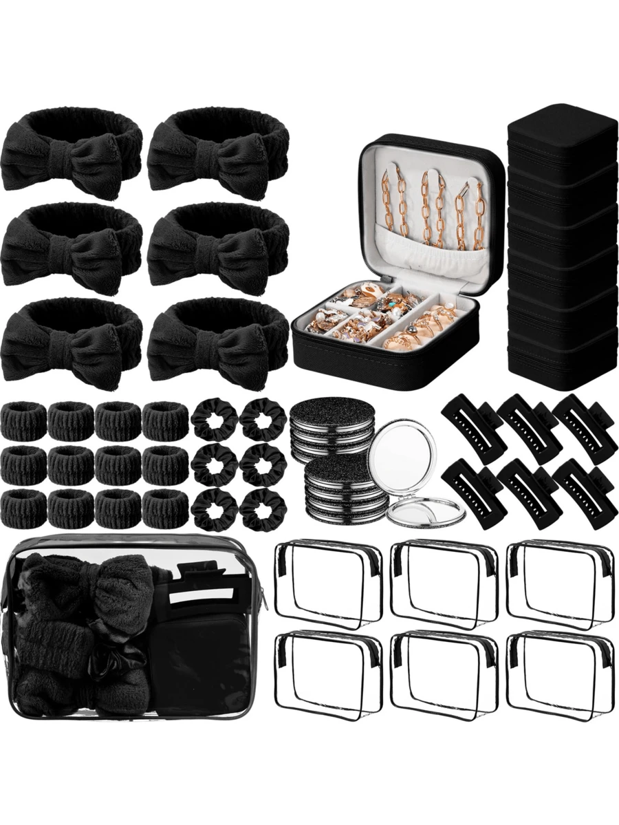 48 Pcs Black Spa Party Favors For Women Pink Beige Sleepover Set Headband Wristband Scrunchies Hair Clip Jewelry Case Makeup Bag Bridesmaid Gifts - 黑色 - 查看 1
