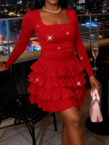 Women's Spring Bodycon Mini Dress Square Neck Ruched Waist Tiered Ruffle Long Sleeve Corset Short Party Dresses For Valentine's Concert Beach, Graduation Festival Club & Easter Outfits - 紅色 - 查看 4