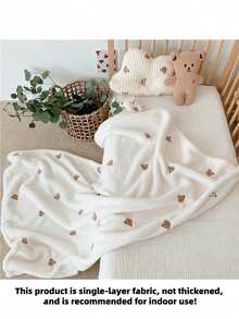 1pc Cute Bear Head Fleece Blanket, Lightweight Stroller Cover Quilt, Embroidered Children's Nap Blanket, Suitable For Spring And Autumn