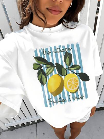 Playera de mujer 100% algodón con estampado de limón, diseño veraniego fresco, cuello redondo, estilo casual holgado, ideal para look diario cómodo y moderno